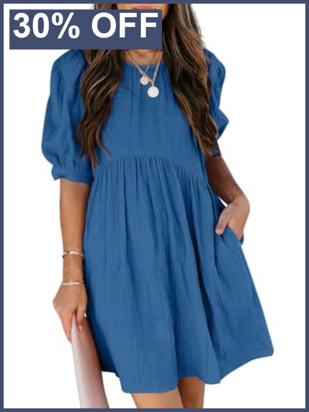Puff Sleeve Babydoll Mini Dress Cotton Crewneck Swing